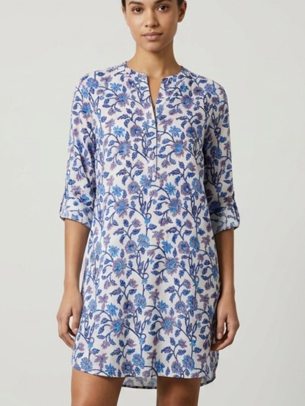 Madison Mathews Floral Block Print Tunic Dress Blue Purple Size L